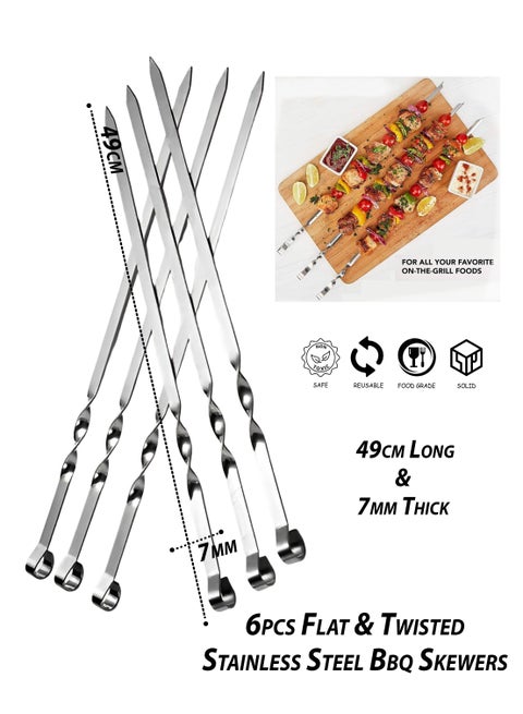 6 PCS Stainless Steel BBQ Skewers Set – Flat & Twisted Reusable Kebab Sticks with Heat-Insulated Handle & Hanging Loop – Heavy Duty Meat & Vegetable Grill Skewers for BBQ, Camping, Picnic and Party  – 49 cm long × 7 mm Thick