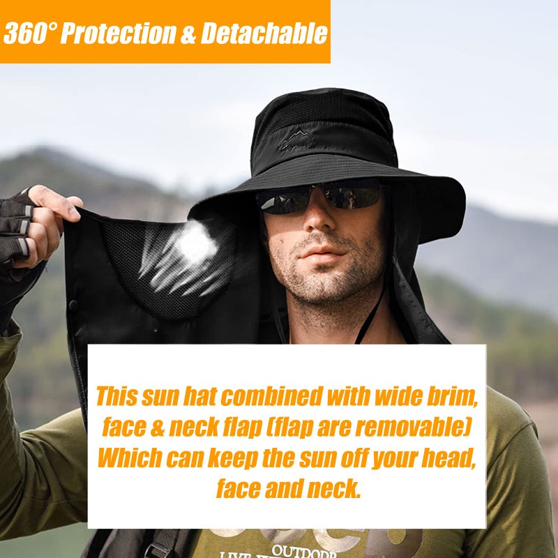 Outrip Fishing Hat for Men & Women, Outdoor UV Sun Protection Wide Brim Hat with Face Cover & Neck Flap (Black) - Image 4
