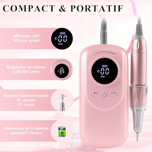 Clefairy Professional Electric Nail Drill, 35000 RPM Rechargeable Nail Drills Machine for Acrylic Nails with 6 bits Portable Manicure Pedicure Drill Machine - Image 5