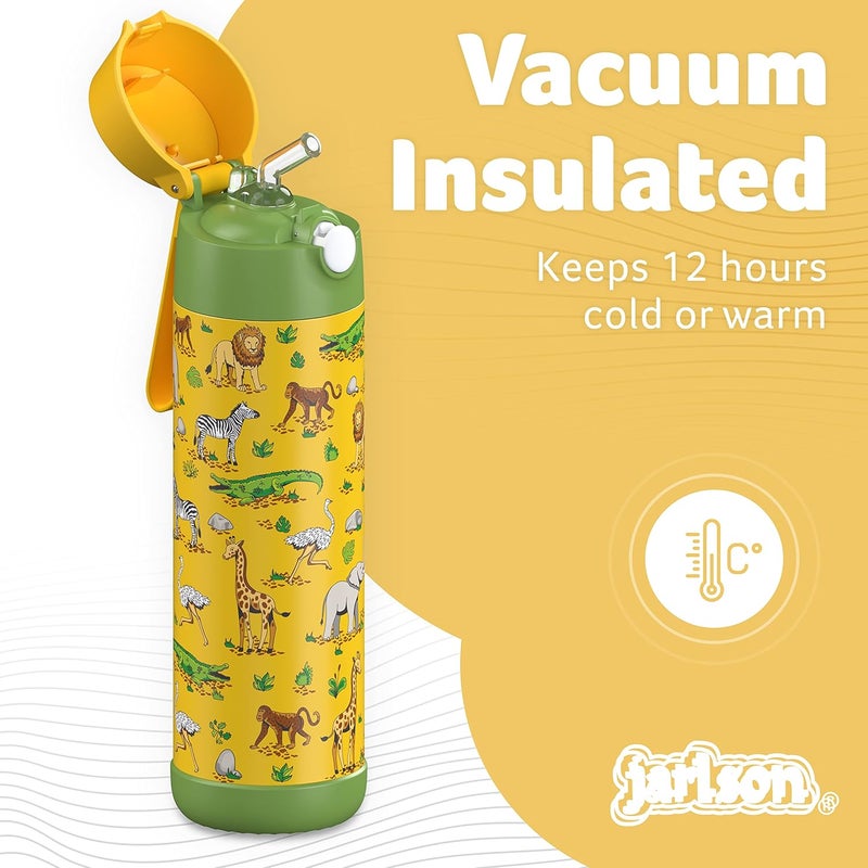 Jarlson قارورة مياه أطفال جارلسون® شارلي [18 أونصة] - قارورة ترمس فولاذية ��قاومة للصدأ مع قشة - قارورة مياه معزولة مقاومة للانسكاب للمدرسة والرياضة - كوب ترمس للأولاد والبنات (سفاري) - Image 2