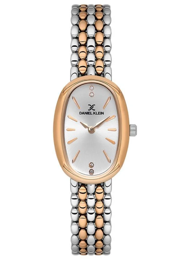 Daniel Klein Women's Stainless Steel Silver and Rose Gold Alloy Case Analog Silver Barrel Sunray Dial Japanese Quartz Premium 30 Meters Water Resistant