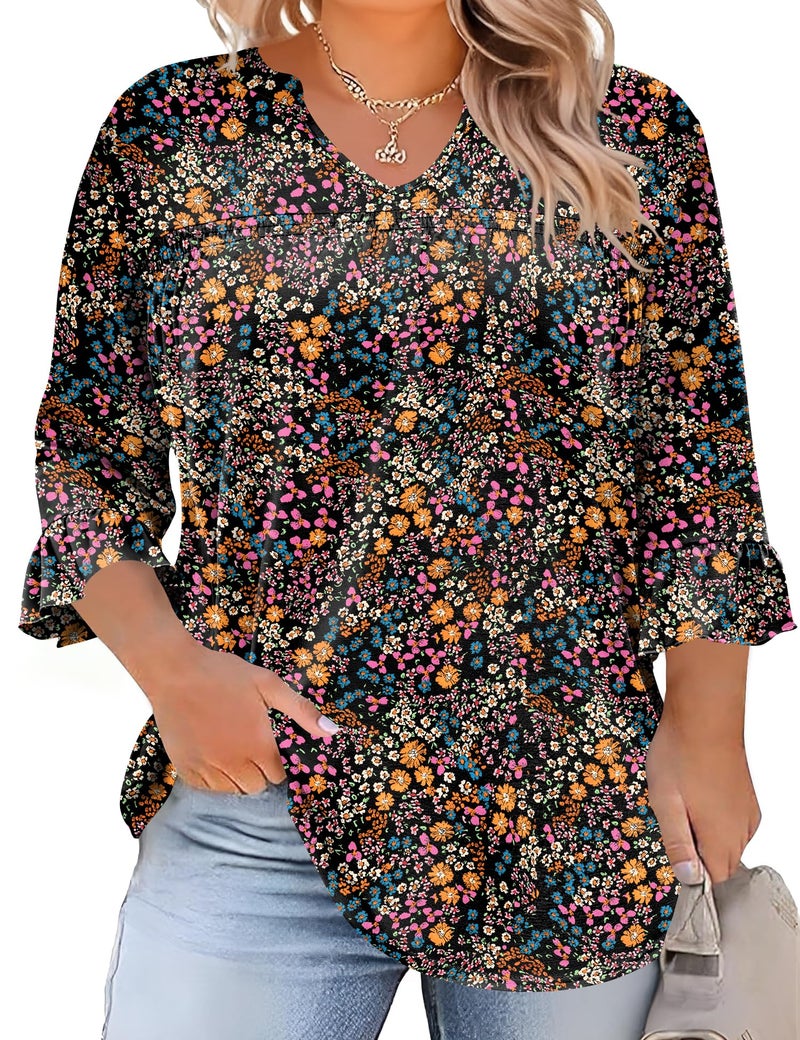 TFSDOD Shirts for Women Plus Size 3/4 Sleeve Tunic Tops Boho Printed Blouses Pleated Ruffle Bell Sleeve Tops Black Floral - Image 1