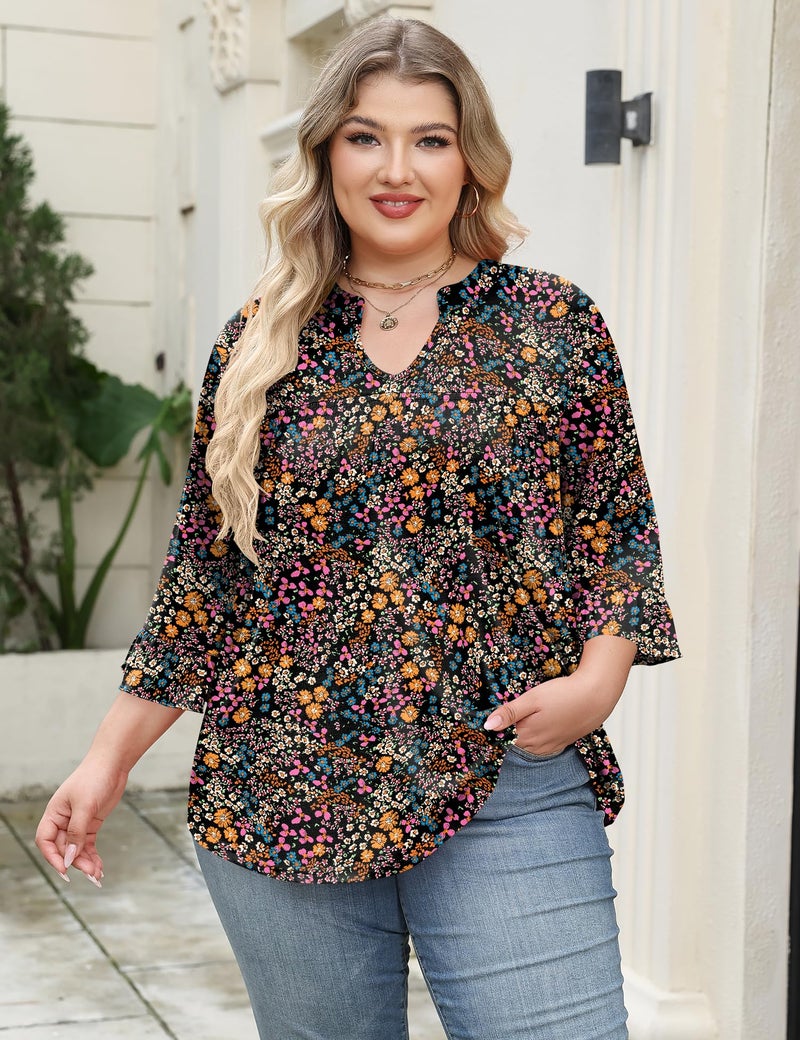 TFSDOD Shirts for Women Plus Size 3/4 Sleeve Tunic Tops Boho Printed Blouses Pleated Ruffle Bell Sleeve Tops Black Floral - Image 2