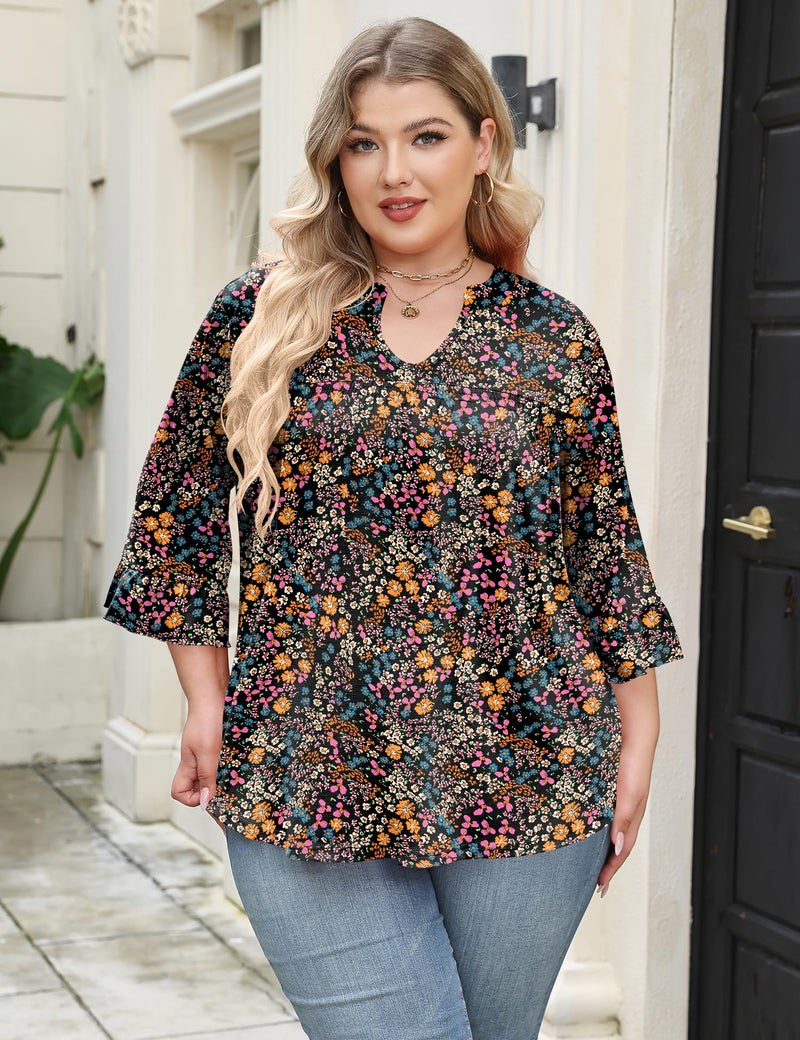 TFSDOD Shirts for Women Plus Size 3/4 Sleeve Tunic Tops Boho Printed Blouses Pleated Ruffle Bell Sleeve Tops Black Floral - Image 4