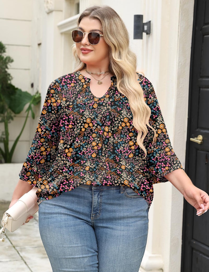 TFSDOD Shirts for Women Plus Size 3/4 Sleeve Tunic Tops Boho Printed Blouses Pleated Ruffle Bell Sleeve Tops Black Floral - Image 5