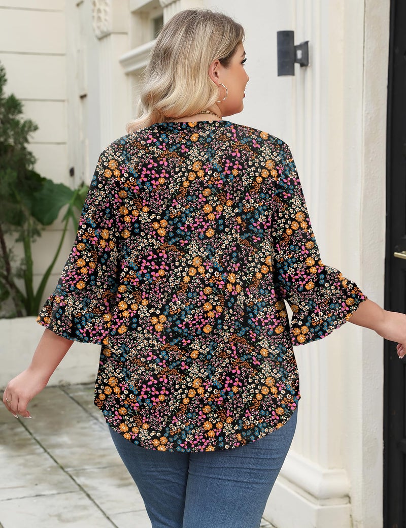TFSDOD Shirts for Women Plus Size 3/4 Sleeve Tunic Tops Boho Printed Blouses Pleated Ruffle Bell Sleeve Tops Black Floral - Image 3