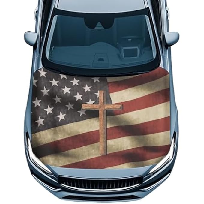 rayihni American Bone Cross Car Hood Cover Stretch Polyester Car Hood Cover Washable Automotive Accessories Suitable Most Automotive Sedans Trucks SUVs Sports Cars - Image 1