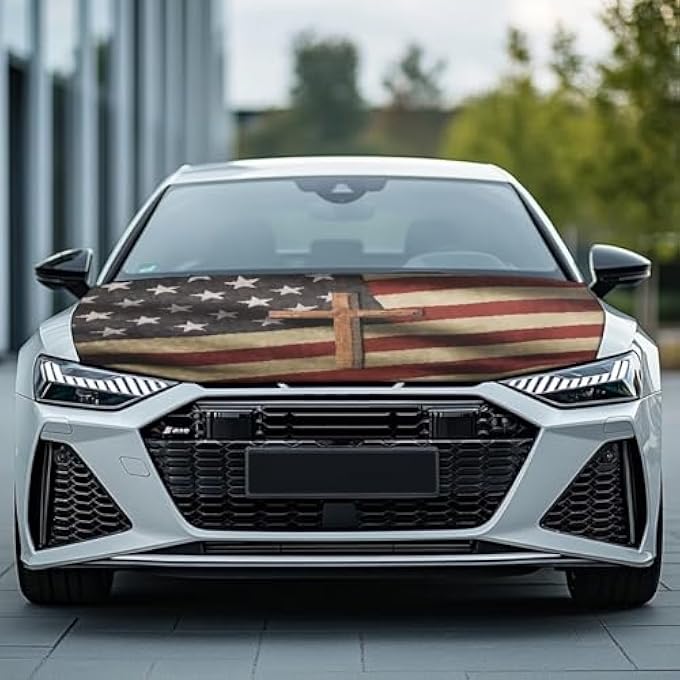 rayihni American Bone Cross Car Hood Cover Stretch Polyester Car Hood Cover Washable Automotive Accessories Suitable Most Automotive Sedans Trucks SUVs Sports Cars - Image 3