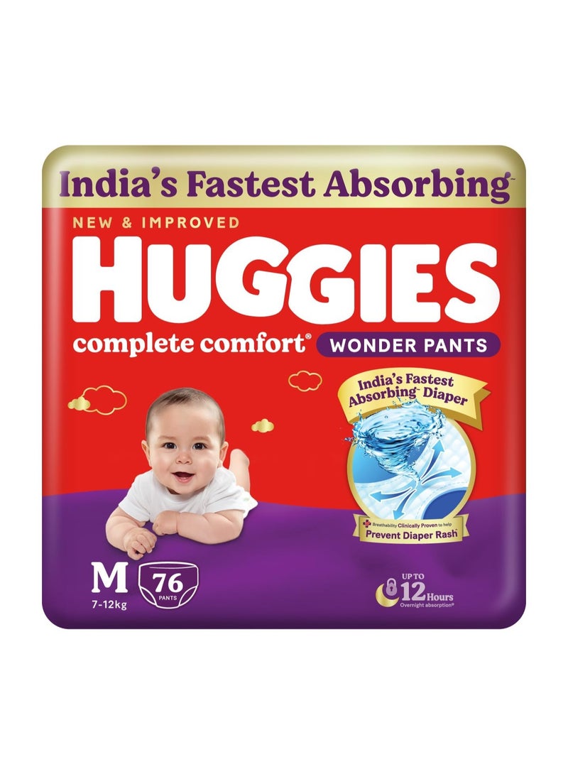 Huggies Complete Comfort Wonder Pants | Pant Style Baby Diapers Medium Size (M), 76 Count | India's Fastest Absorbing Diaper, Prevents Diaper Rash, Ideal for 7 to 12 Kgs - Image 1