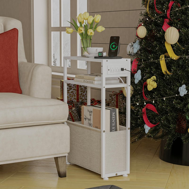 Leomonio White Side Table with Charging Station, Slim End Tables with Linen Basket, Skinny Table for Small Spaces, Thin Bedside Table for Living Room, Bedroom - Image 4
