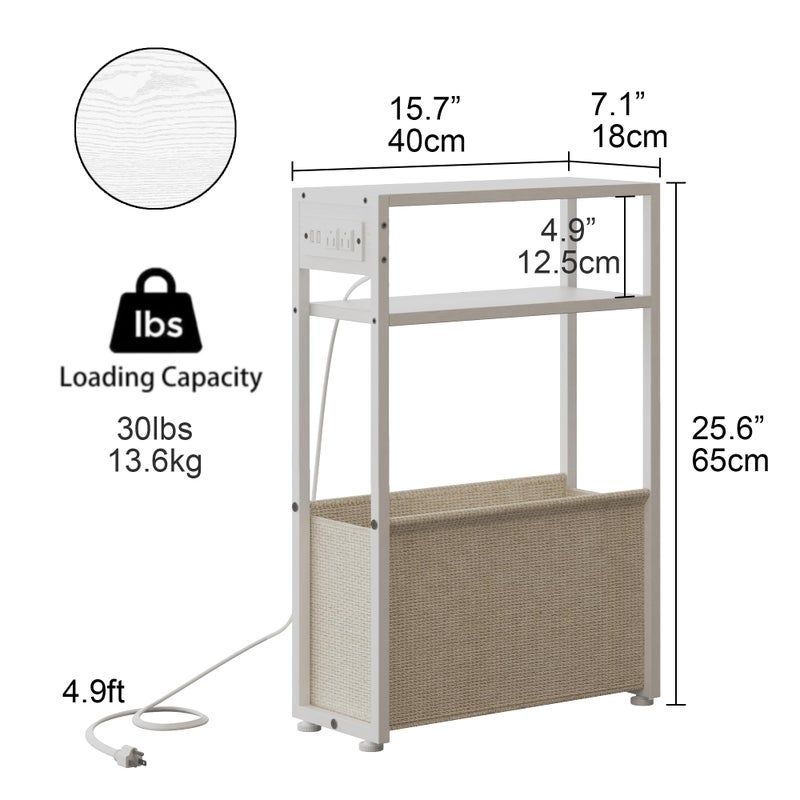 Leomonio White Side Table with Charging Station, Slim End Tables with Linen Basket, Skinny Table for Small Spaces, Thin Bedside Table for Living Room, Bedroom - Image 2