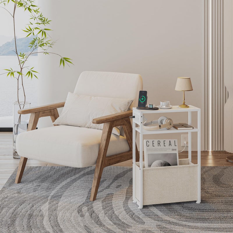 Leomonio White Side Table with Charging Station, Slim End Tables with Linen Basket, Skinny Table for Small Spaces, Thin Bedside Table for Living Room, Bedroom - Image 3