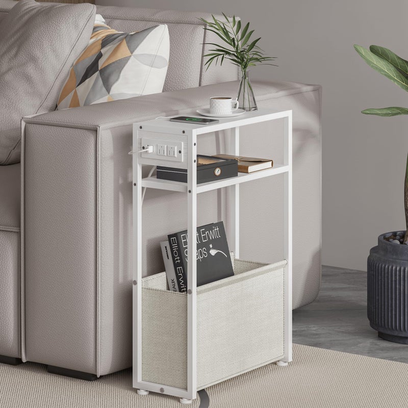 Leomonio White Side Table with Charging Station, Slim End Tables with Linen Basket, Skinny Table for Small Spaces, Thin Bedside Table for Living Room, Bedroom - Image 1