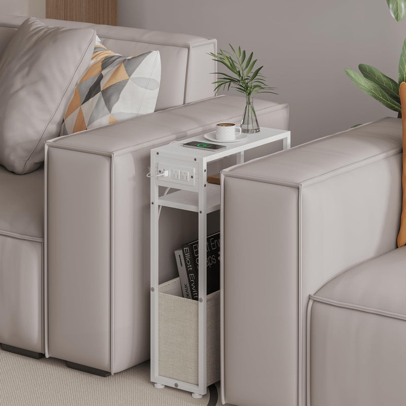 Leomonio White Side Table with Charging Station, Slim End Tables with Linen Basket, Skinny Table for Small Spaces, Thin Bedside Table for Living Room, Bedroom - Image 5