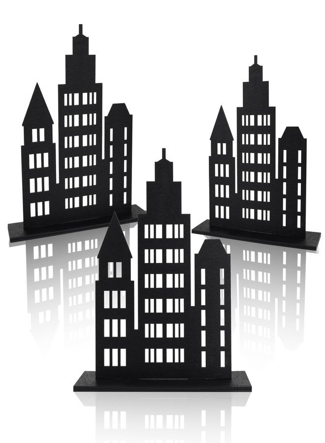 BLSUREFYX 3 PCS Skyscraper Party Decorations Wooden Hero Theme New York Skyscraper Table Decorations City Skyline Buildings Centerpiece Sign for Comic Birthday Halloween Party Favors Black - Image 1