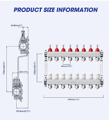 a.bst ABST PEX Manifold,8 Loop Stainless Steel Floor Radiant Heat Manifold Kit with 1/2" Adapters Included for Hydronic Radiant Floor Heating - Image 3