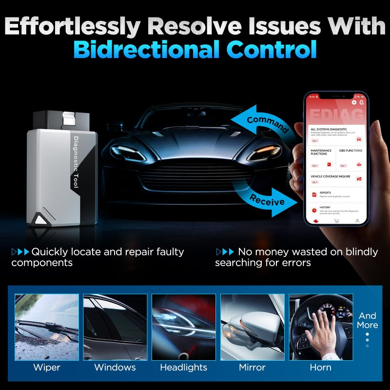 كينج بولين ماسح ضوئي KINGBOLEN EDIAG Elite Obd2 بتقنية البلوتوث، أداة مسح ضوئي ثنائية الاتجاه، أداة تشخيص السيارة للنظام الكامل لنظام iOS وAndroid، 15 إعادة ضبط الزيت، الفرامل، أداة تجديد DPF بدون اشتراكات تحديث - Image 3