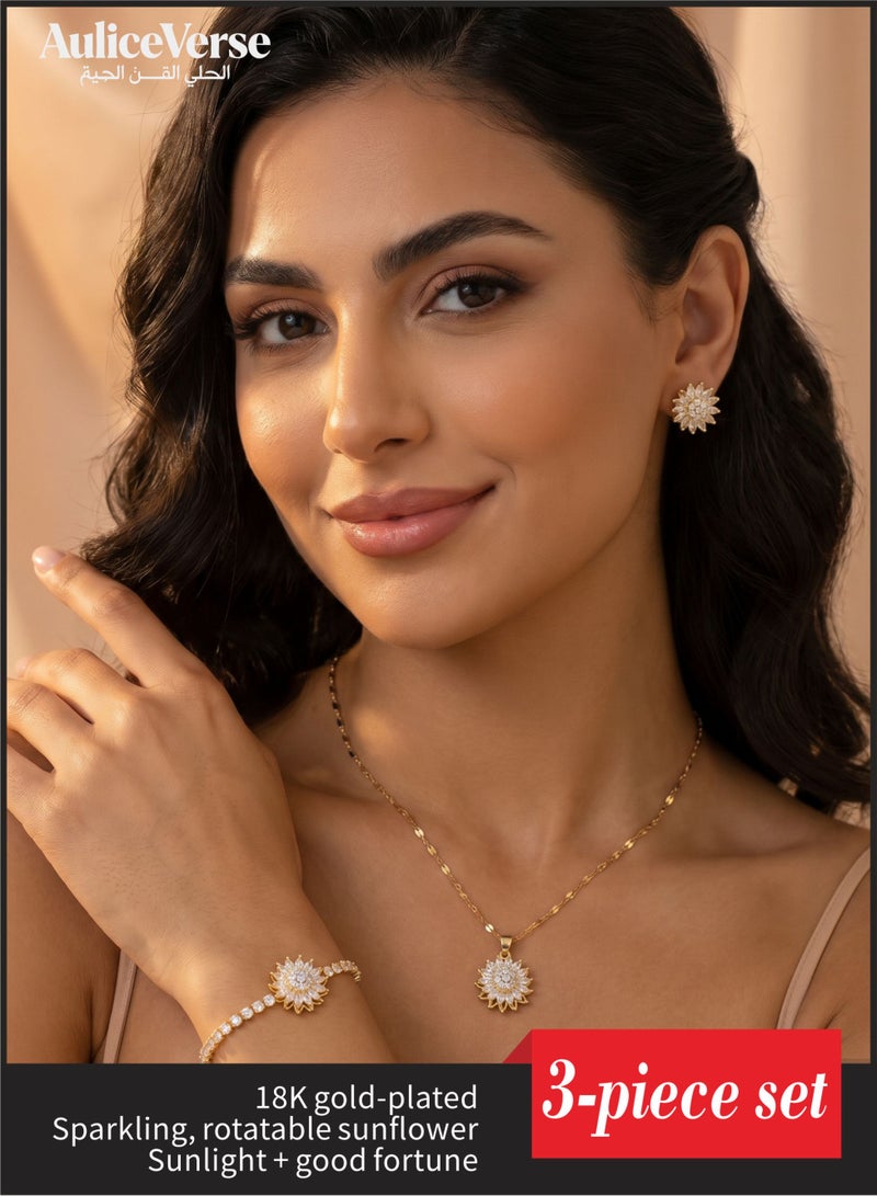 أوليس فيرس  🌻هدية أبدية – مجموعة مجوهرات دوّارة على شكل عباد الشمس مطلية بالذهب عيار 18 كيرات وتتحلى بماس (قلادة+سوار+أقراط) | ساحرة ومليئة بالحب - Image 1