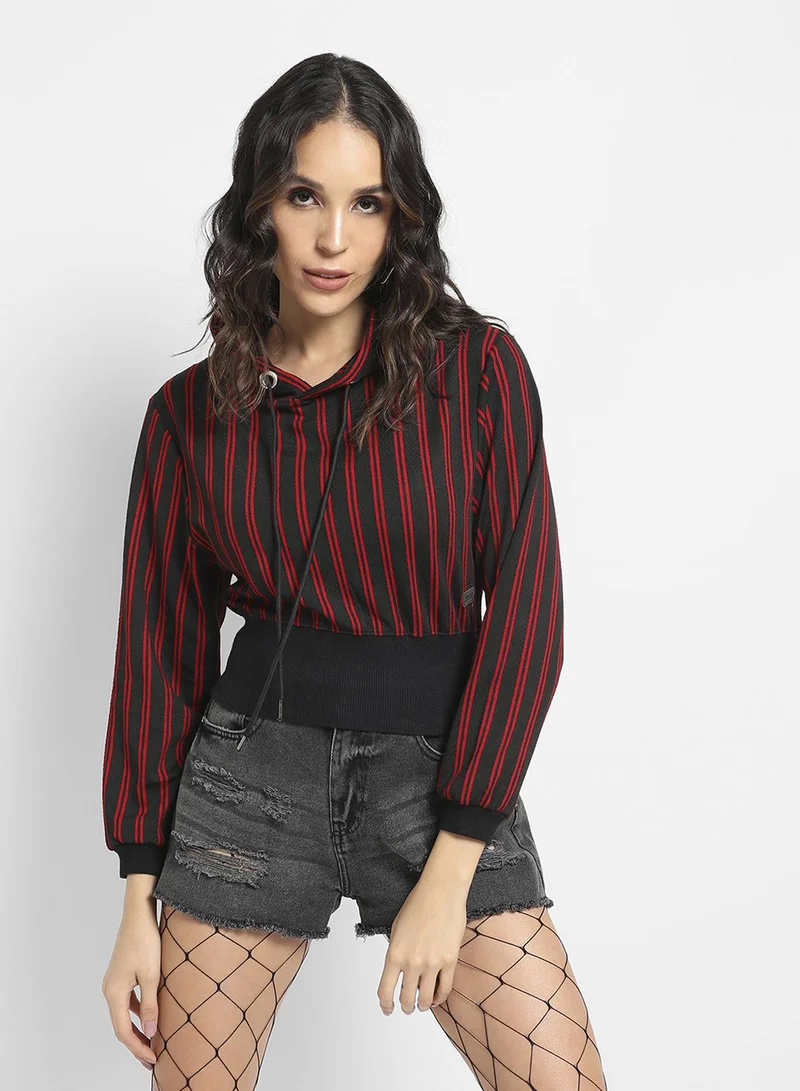 Campus Sutra Women's Red & Black Double Striped Hoodie With Ribbed Hem For Casual Wear | Hooded Neck  | Long Sleeve | Pull On Closure | Cotton Sweatshirt Crafted With Comfort Fit For Everyday Wear