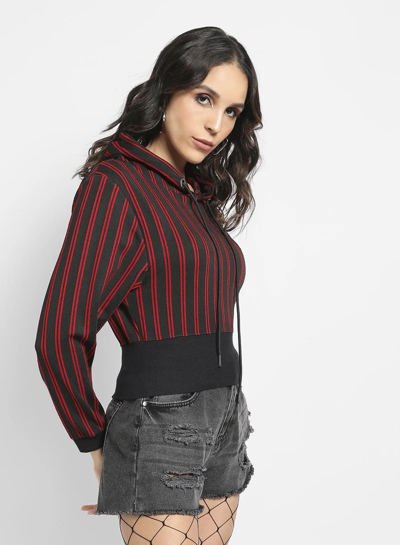 Pinacolada  Women's Red & Black Double Striped Hoodie With Ribbed Hem for Women | Best Price UAE