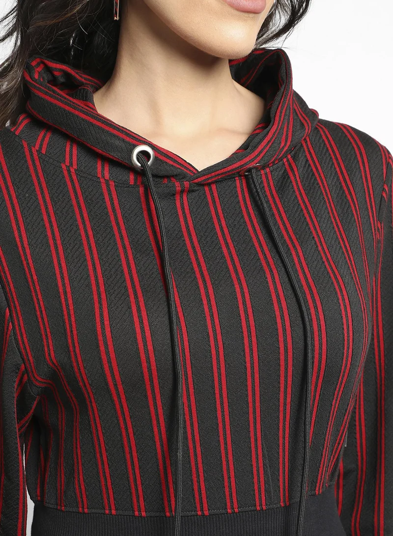Pinacolada  Women's Red & Black Double Striped Hoodie With Ribbed Hem for Women | Best Price UAE