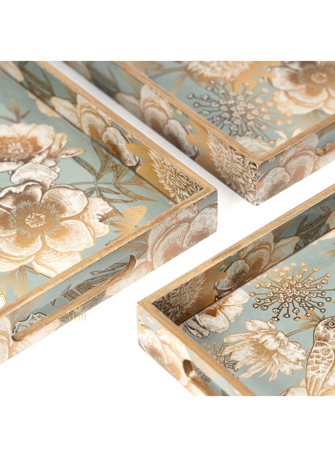 DULI Set of 3 MDF Wood Enamel Coated Multipurpose Trays| Serving Tray for Home & Dining Table (15 * 9 * 1.5, 13 * 8 * 1.5 & 11 * 7 * 1.5) Inches (Setof3- GreyGoldBirds) - Image 4