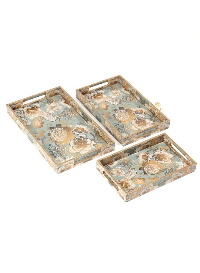 DULI Set of 3 MDF Wood Enamel Coated Multipurpose Trays| Serving Tray for Home & Dining Table (15 * 9 * 1.5, 13 * 8 * 1.5 & 11 * 7 * 1.5) Inches (Setof3- GreyGoldBirds) - Image 3