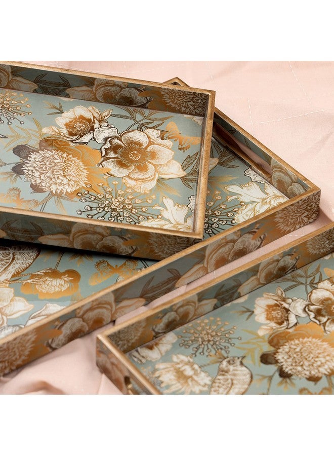 DULI Set of 3 MDF Wood Enamel Coated Multipurpose Trays| Serving Tray for Home & Dining Table (15 * 9 * 1.5, 13 * 8 * 1.5 & 11 * 7 * 1.5) Inches (Setof3- GreyGoldBirds) - Image 2
