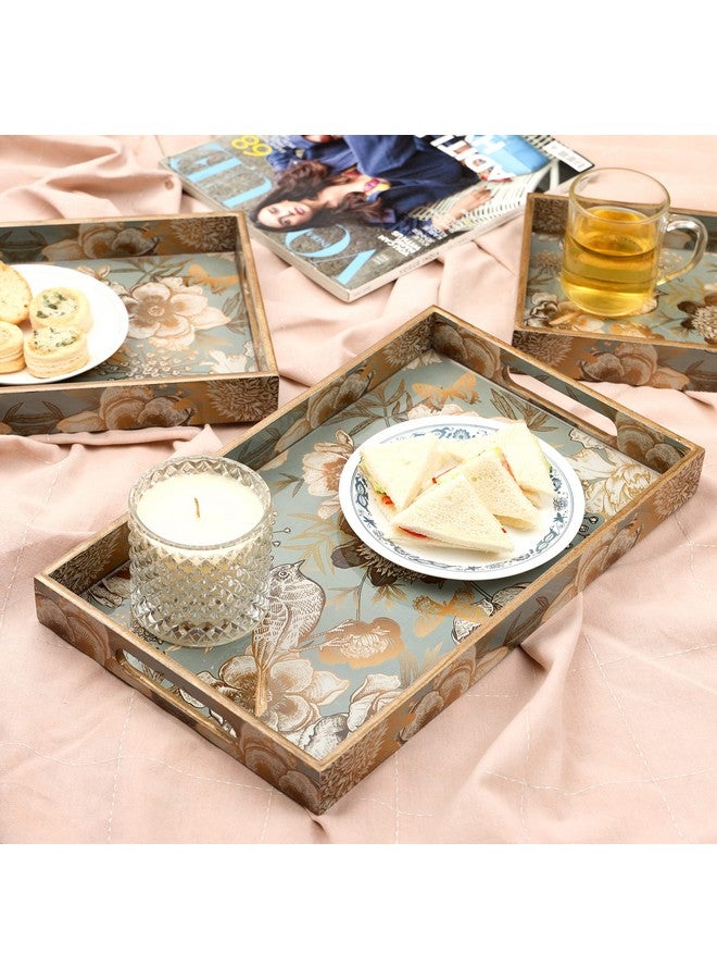 DULI Set of 3 MDF Wood Enamel Coated Multipurpose Trays| Serving Tray for Home & Dining Table (15 * 9 * 1.5, 13 * 8 * 1.5 & 11 * 7 * 1.5) Inches (Setof3- GreyGoldBirds) - Image 1