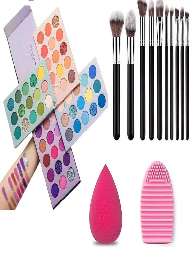 SKINPLUS Eyeshadow Palette 60 Color + 10 Pieces Makeup Brushes Set with Blender Sponge and Brush Cleaner - Multicolor - Image 1