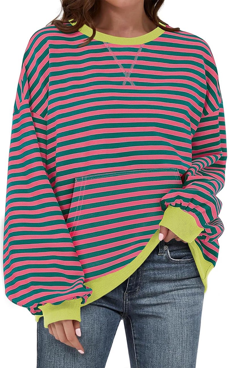 UEU Women Oversized Striped Color Block Sweatshirt Long Sleeve Crew Neck Casual Loose Sweatshirts Pullover PinkGreenStriped XX-Large - Image 1