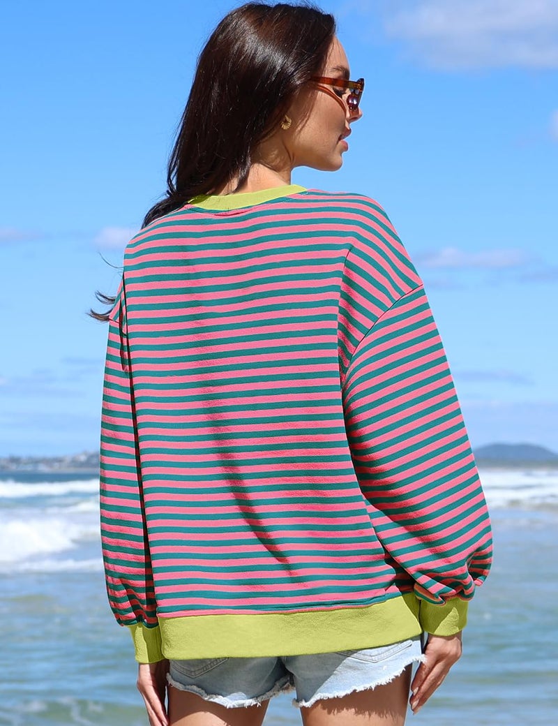 UEU Women Oversized Striped Color Block Sweatshirt Long Sleeve Crew Neck Casual Loose Sweatshirts Pullover PinkGreenStriped XX-Large - Image 4