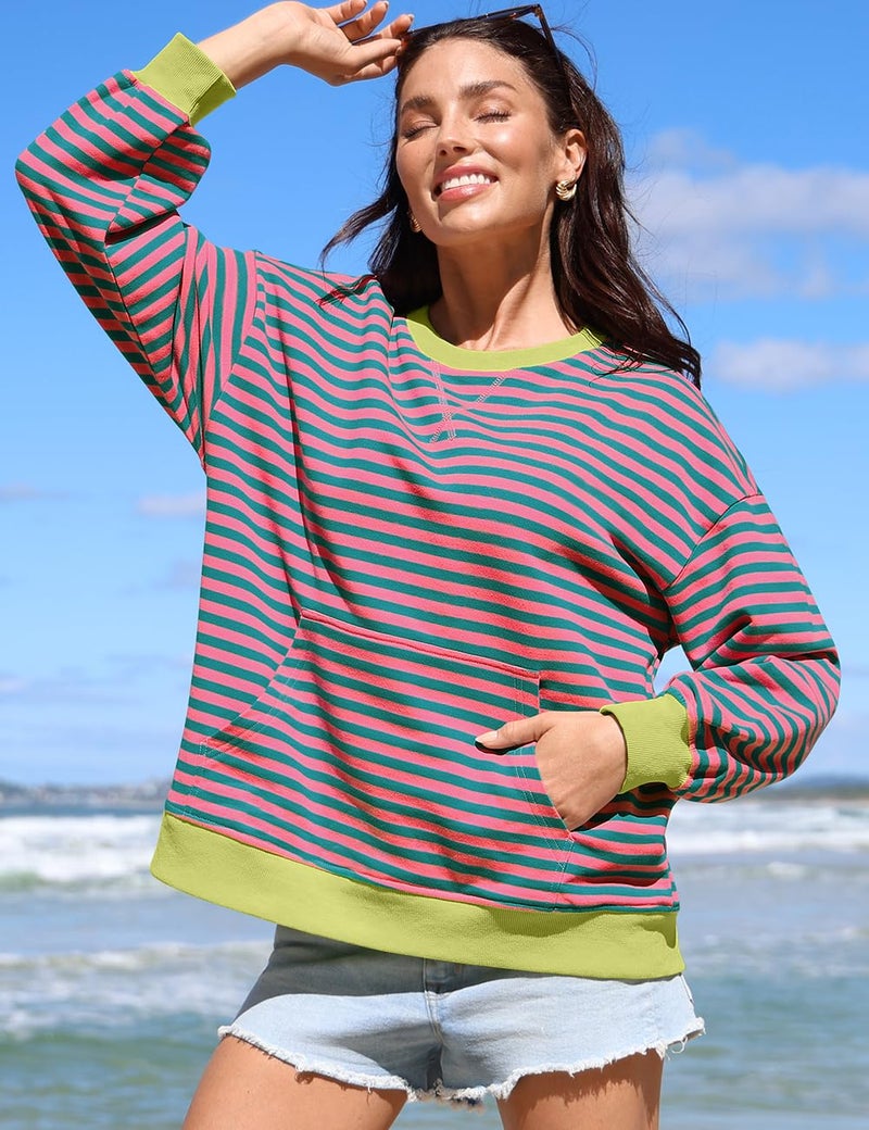 UEU Women Oversized Striped Color Block Sweatshirt Long Sleeve Crew Neck Casual Loose Sweatshirts Pullover PinkGreenStriped XX-Large - Image 3