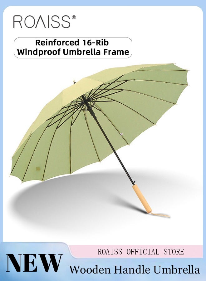 roaiss Unisex Multifunctional Long Handle Umbrella with Reinforced Fiberglass Ribs for Effective Wind Rain and Sun Protection Integrated Wooden Handle Grip 16 Rib Design - Image 1