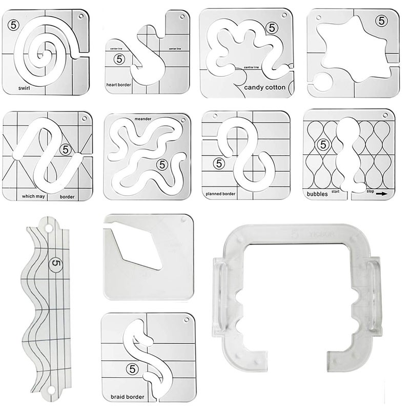 YICBOR Free Motion Quilting Template Set with Quilting Frame for Domestic Sewing Machine #FMQ Grip 5 - Image 1