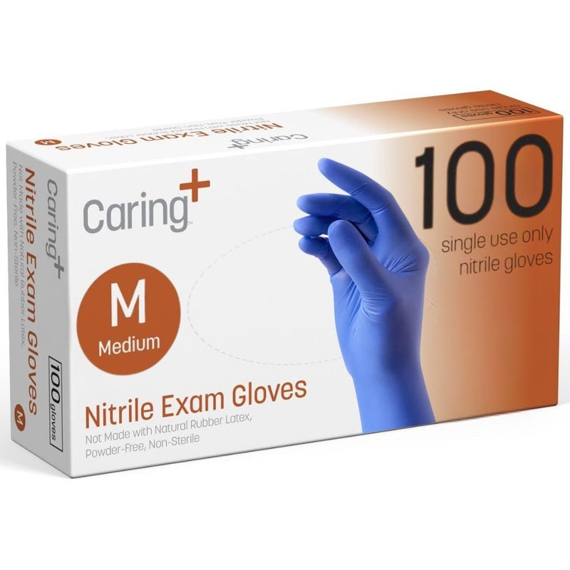 Caring Nitrile Exam Gloves (100ct), Powder Free and Not Made with Natural Rubber Latex, Gloves for Medical Use, Cleaning, Food Prep and More, Medium - Image 1