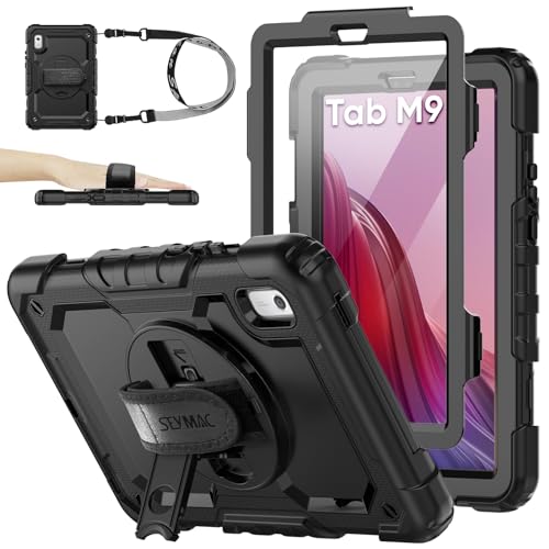 SEYMAC stock Case for Lenovo Tab M9 (TB-310FU) 2023 with Screen Protector, Drop-Proof Protection Cover with 360° Rotating Stand &Strap [Pen Holder] Case for Lenovo Tab M9 9'' (Black) - Image 1