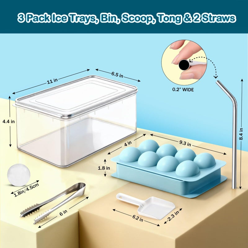 Cozy Kitchen Essentials 1.8in Large Ice Cube Molds - Big Round Whiskey Ice Trays for Freezer with Bucket, Scoop, Tongs, 2 Straws - Easy to Fill & Release, Bourbon Cocktail (3 pack, 8 Balls) - Image 3