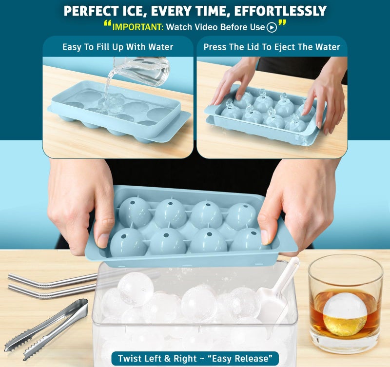 Cozy Kitchen Essentials 1.8in Large Ice Cube Molds - Big Round Whiskey Ice Trays for Freezer with Bucket, Scoop, Tongs, 2 Straws - Easy to Fill & Release, Bourbon Cocktail (3 pack, 8 Balls) - Image 2