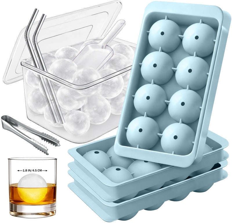 Cozy Kitchen Essentials 1.8in Large Ice Cube Molds - Big Round Whiskey Ice Trays for Freezer with Bucket, Scoop, Tongs, 2 Straws - Easy to Fill & Release, Bourbon Cocktail (3 pack, 8 Balls) - Image 1