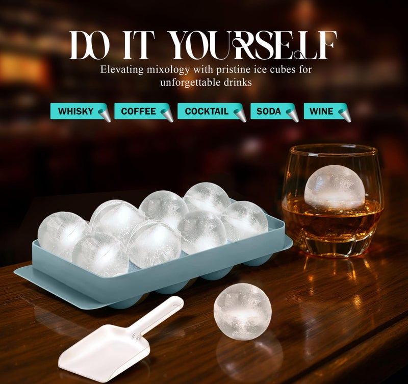 Cozy Kitchen Essentials 1.8in Large Ice Cube Molds - Big Round Whiskey Ice Trays for Freezer with Bucket, Scoop, Tongs, 2 Straws - Easy to Fill & Release, Bourbon Cocktail (3 pack, 8 Balls) - Image 4
