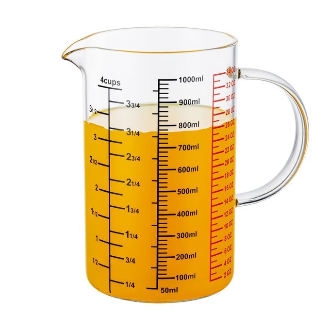 ACKERS BORO33 GLASS MEASURING CUPINSULATED HANDLE VSHAPED SPOUTMADE OF HIGH BOROSILICATE GLASS MEASURING CUP FOR KITCHEN OR RESTAURANT EASY TO READ 1000 ML 32 OZ 4 CUP