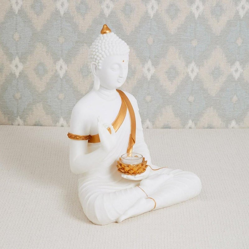 Karigaari India New Sitting Buddha Big Size Statue showpiece Idol Home Decor Items for Living Room and Gifts with TLight WhiteMarble Finish - Image 2