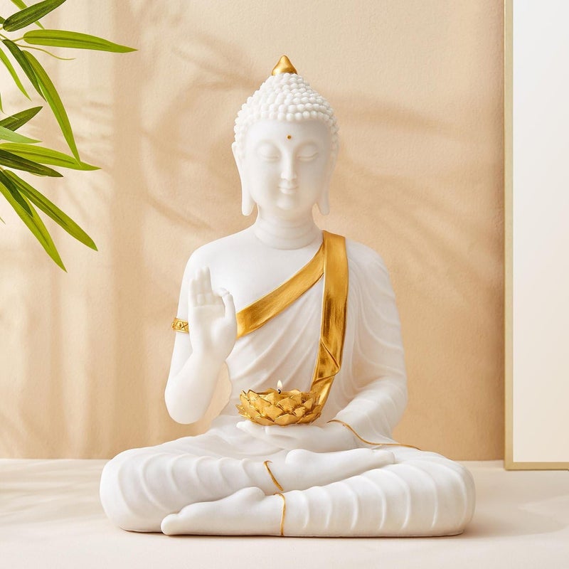 Karigaari India New Sitting Buddha Big Size Statue showpiece Idol Home Decor Items for Living Room and Gifts with TLight WhiteMarble Finish - Image 1