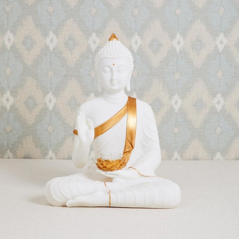Karigaari India New Sitting Buddha Big Size Statue showpiece Idol Home Decor Items for Living Room and Gifts with TLight WhiteMarble Finish - Image 3