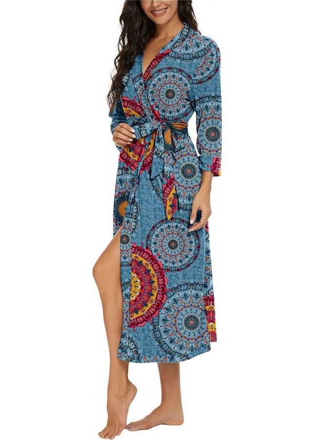 VINTATRE Women Kimono Robes Long Knit Bathrobe Lightweight Soft Knit Sleepwear V-neck Casual Ladies Loungewear, A02 Fp-mix Blue, M - Image 4
