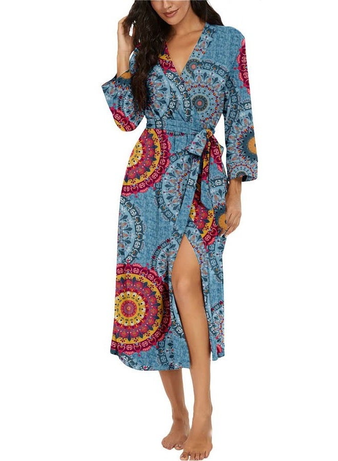 VINTATRE Women Kimono Robes Long Knit Bathrobe Lightweight Soft Knit Sleepwear V-neck Casual Ladies Loungewear, A02 Fp-mix Blue, M - Image 1