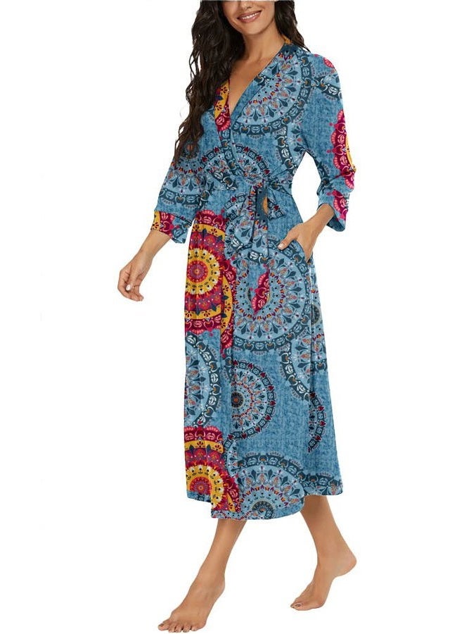 VINTATRE Women Kimono Robes Long Knit Bathrobe Lightweight Soft Knit Sleepwear V-neck Casual Ladies Loungewear, A02 Fp-mix Blue, M - Image 2