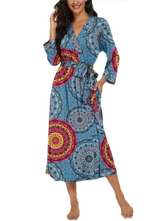VINTATRE Women Kimono Robes Long Knit Bathrobe Lightweight Soft Knit Sleepwear V-neck Casual Ladies Loungewear, A02 Fp-mix Blue, M - Image 3