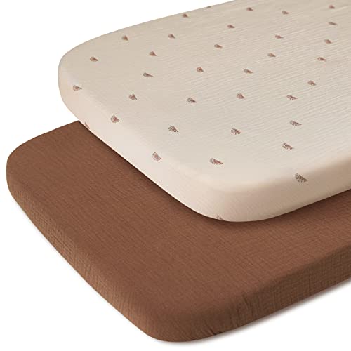 Blissful Diary Muslin Bassinet Sheets for Baby Girls Boys, Boho Soft Cotton Fitted for Oval Hourglass Rectangle Mattress, 2 Pack(Sunshine&Brown) - Image 1